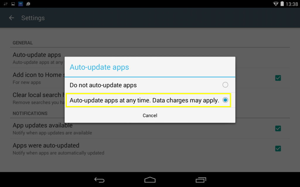 Step 32 – Ensure "AUTO UPDATE APPS AT ANY TIME" is selected.